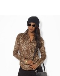 Светло-коричневая блузка с длинным рукавом с леопардовым принтом