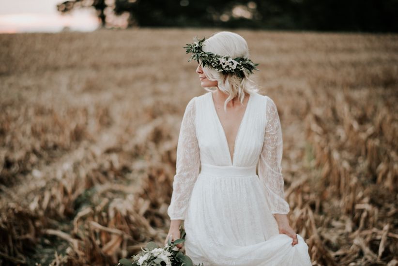blonde bride wearing flower crown