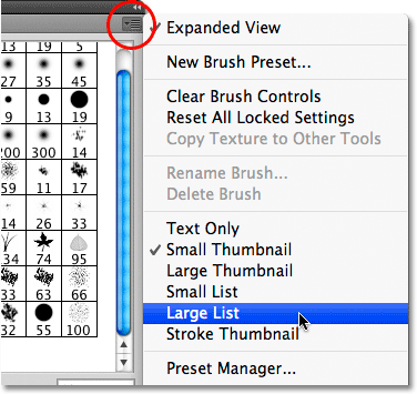 Clicking the menu icon for the Brushes panel.