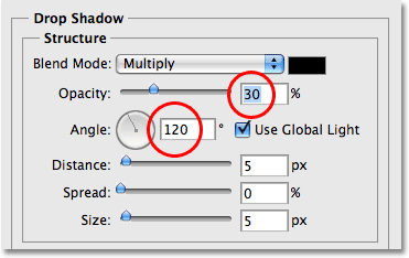 Changing the options for the Drop Shadow in the Layer Styles dialog box in Photoshop.
