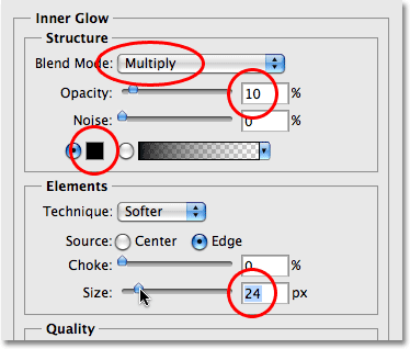 Changing the options for the Inner Glow layer style in Photoshop.