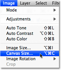 Selecting the Canvas Size command from the Image menu in Photoshop.