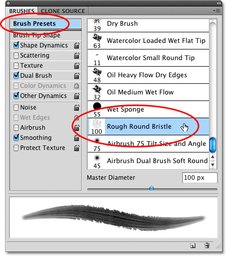 Selecting the 100 Rough Round Bristle Photoshop brush.