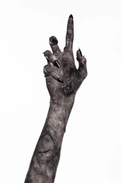 Black hand of death, the walking dead, zombie theme, halloween theme, zombie hands, white background, isolated, hand of death, mummy hands, the hands of the devil, black nails, hands monster Stock Photo