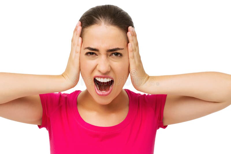 Angry Woman Covering Ears With Hands royalty free stock photography