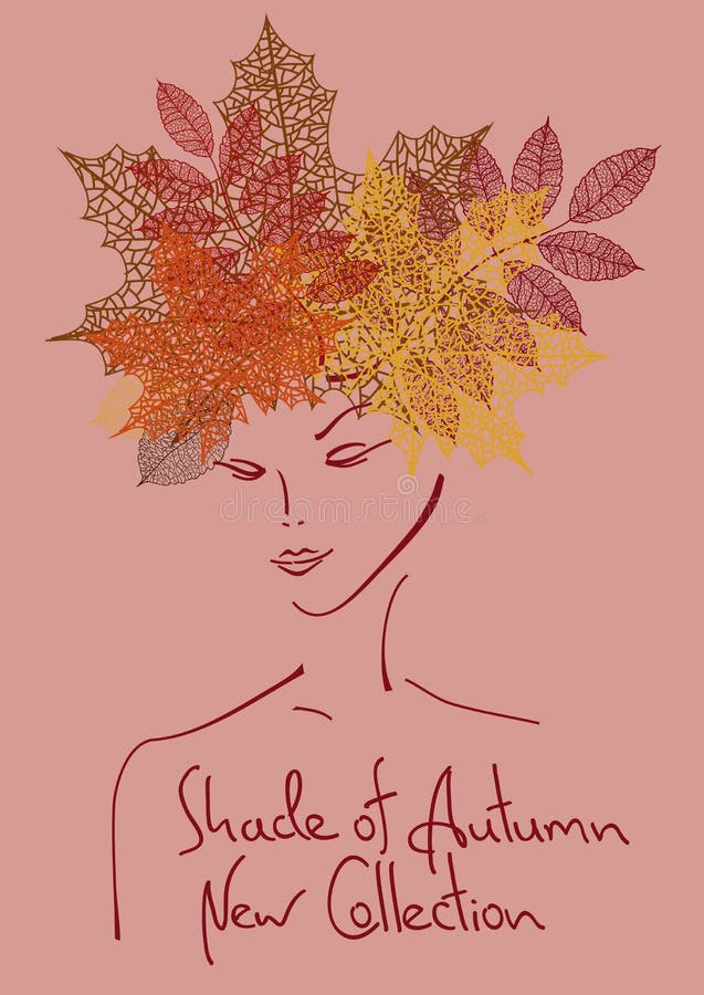 Autumn background with outline portrait of girl. Fashion outline portrait of girl with hairstyle made of leaves. Autumn background royalty free illustration