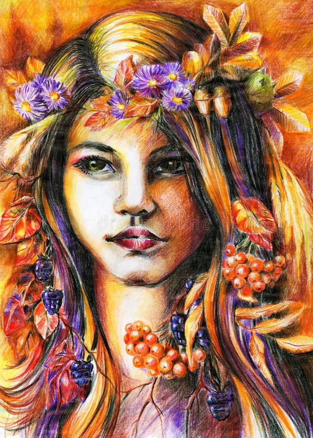 Autumn girl. Beautiful autumn girl with wreath on her head.Picture I have created with colored pencils stock illustration