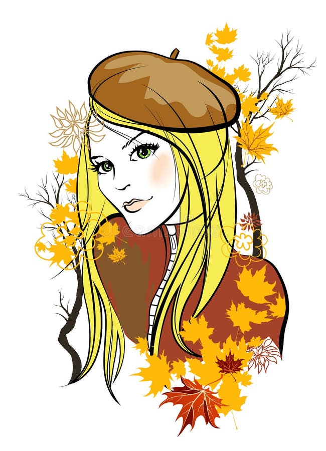 Autumn girl. Hand drawn portrait of a girl with autumn leaves vector illustration