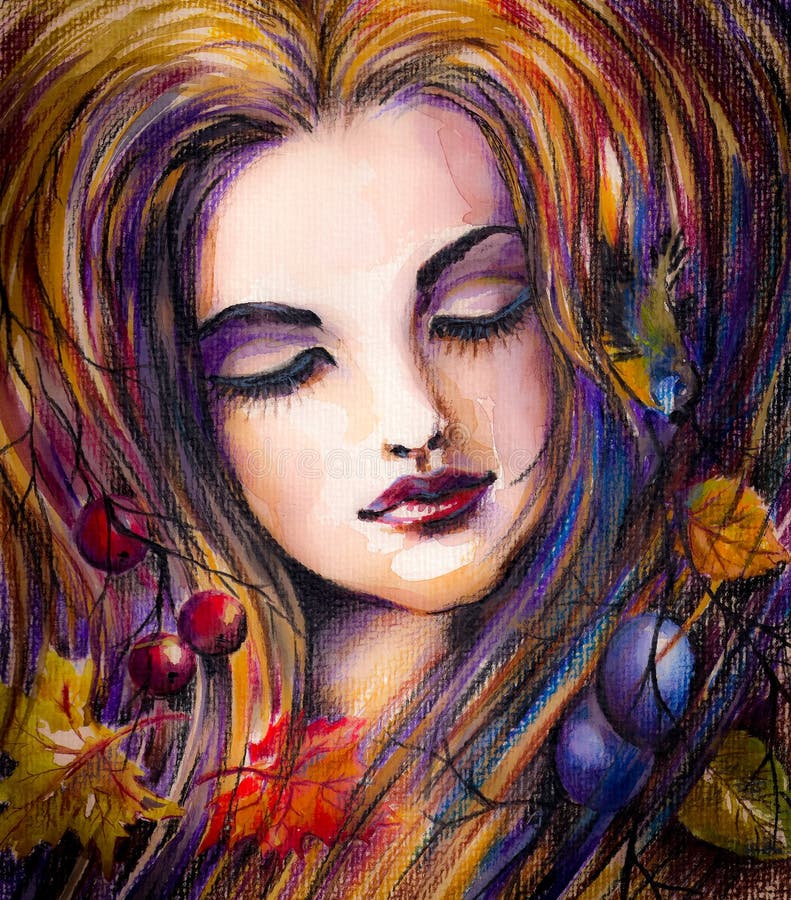 Autumn girl. Beautiful autumn girl with leaves on her head.Picture created from imagination with watercolors and colored pencils stock illustration