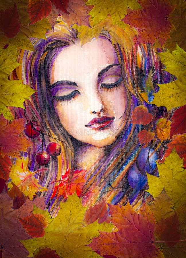 Autumn girl. Beautiful autumn girl with leaves on her head.Picture created from imagination with watercolors and colored pencils stock illustration