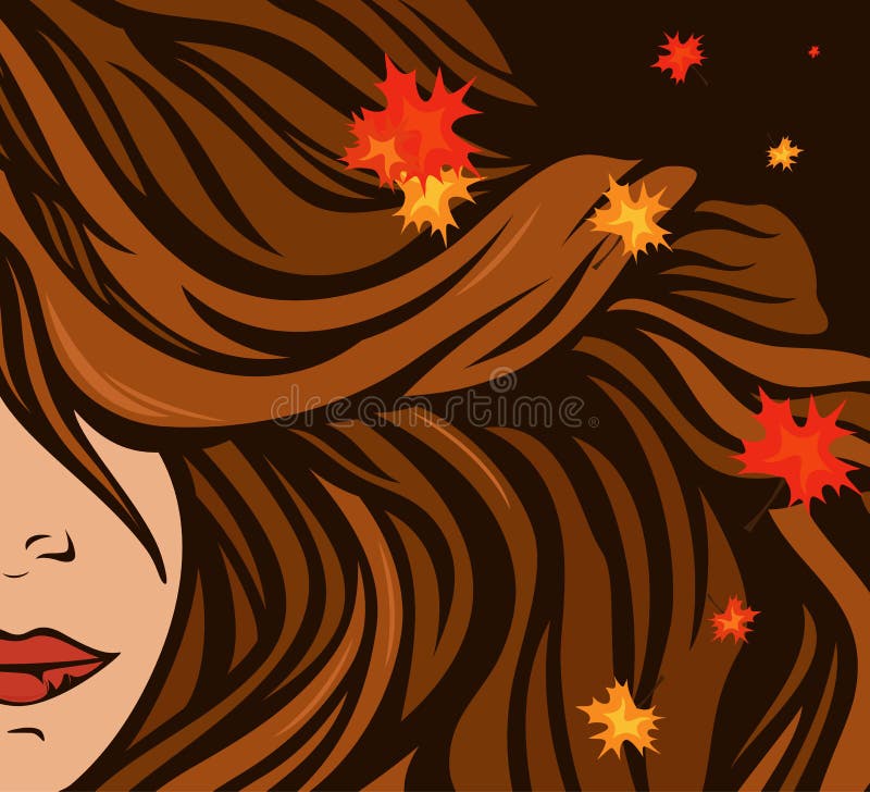 Autumn hairstyle vector. Autumn hair with maple leaves - beauty background vector illustration