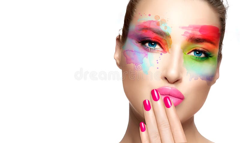 Beautiful model girl with colorful make-up. Fashion makeup and cosmetics concept. Fine art beauty portrait royalty free stock photo
