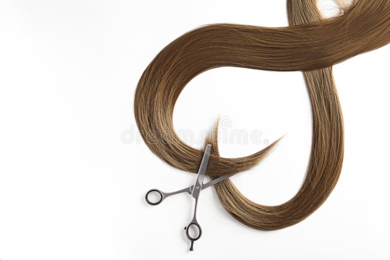 Beautiful strands of brown hair and scissors on white background. Hairdresser service. Beautiful strands of brown hair and scissors on white background, top view stock image