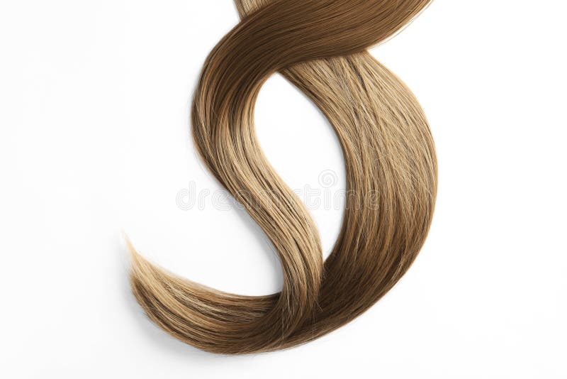 Beautiful strands of brown hair on white background, top view. Hairdresser service. Beautiful strands of brown hair on white background. Hairdresser service stock photos