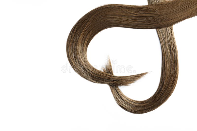 Beautiful strands of brown hair on white background. Hairdresser service. Beautiful strands of brown hair on white background, top view. Hairdresser service stock images