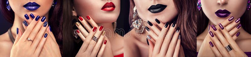 Beauty fashion model with different make-up and nail design wearing jewelry. Set of manicure. Four stylish looks royalty free stock photography