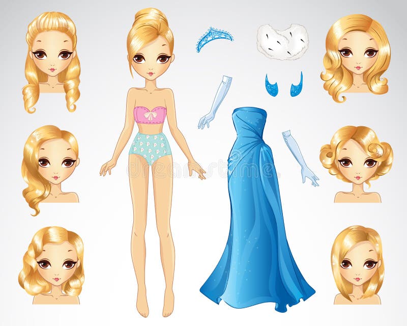 Blonde Hair Set Of Blue Paper Doll royalty free illustration