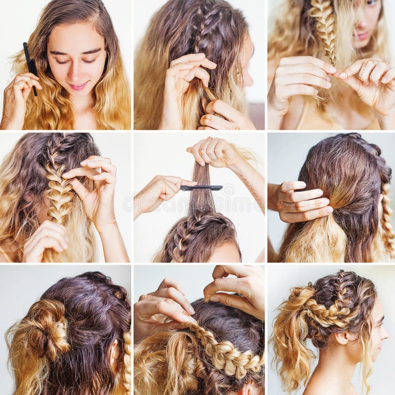 Braided updo tutorial for a curly hair stock image