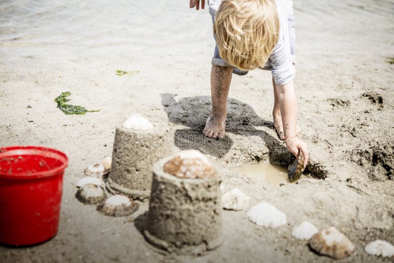 Child on Beach Builds Sand Castles with a Red Bucket. A child scoops up water from a sandy beach with a shell while building a two tower sand castle decorated royalty free stock photos