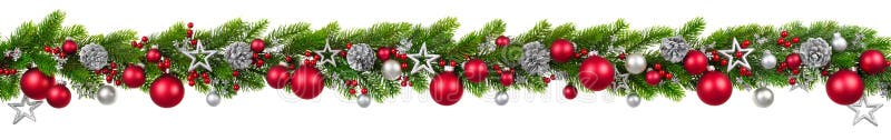 Christmas border on white, hanging decorated garland royalty free stock photography