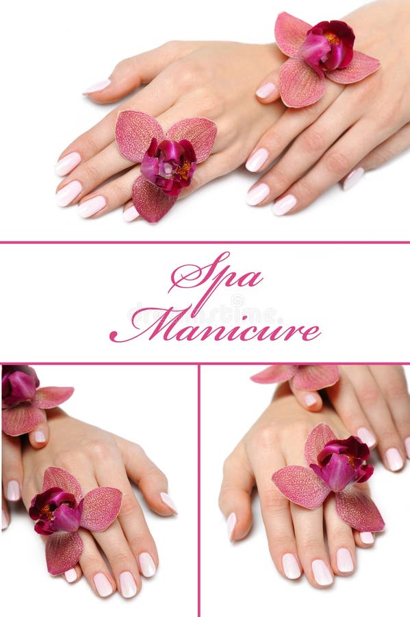 Collage.Beautiful hand with perfect manicure stock image