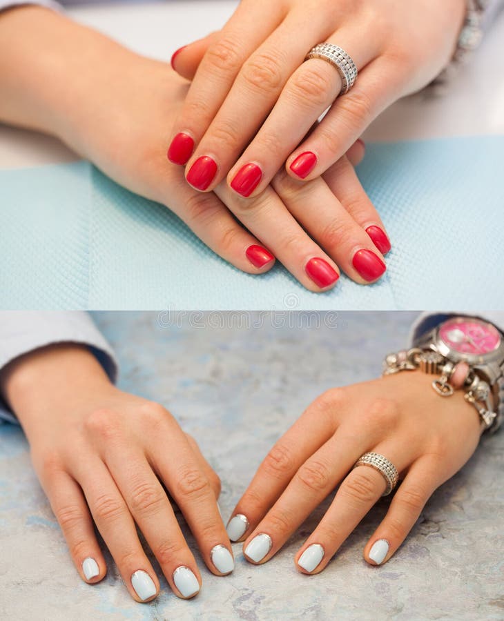 Collage of manicure. Female hands with red nails. The light blue and silver glitter design. Nail treatment. royalty free stock photography