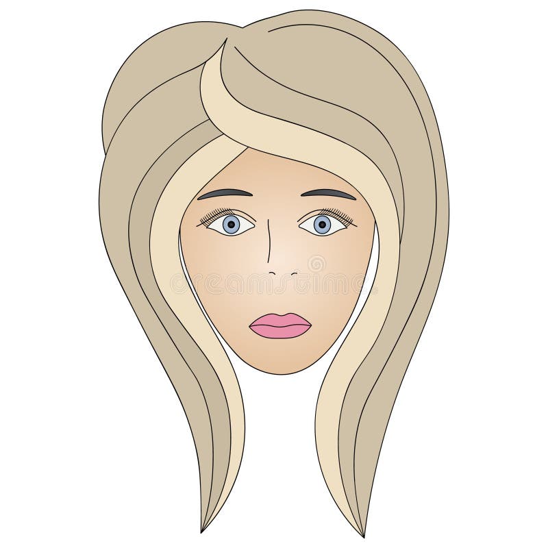 Color vector illustration of the face of a blonde girl with light blue eyes. Full face. Haircut for medium cascade hair. Plump lips are made up with pink vector illustration