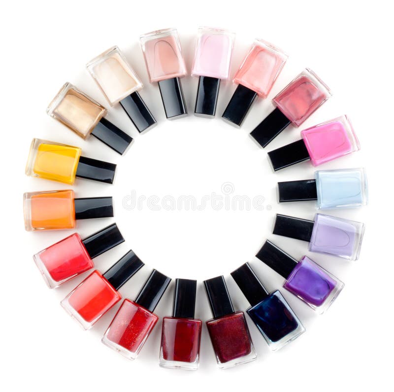 Coloured nail polish bottles stacked circle royalty free stock photo
