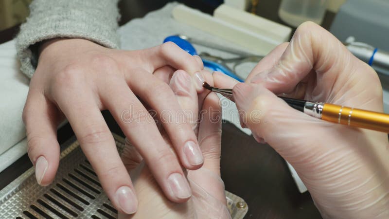 Cover gel with nail polish. Woman`s hands at manicure procedures royalty free stock photos