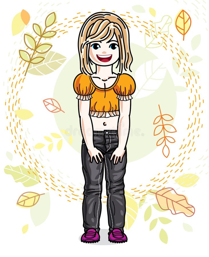 Cute happy little blonde girl posing on background of autumn lan. Dscape and wearing fashionable casual clothes. Vector character royalty free illustration