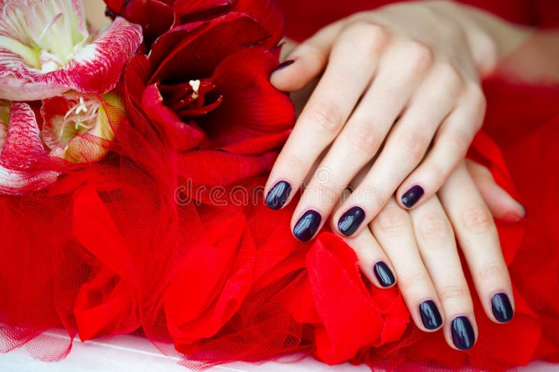 Dark manicure and flowers on red stock images