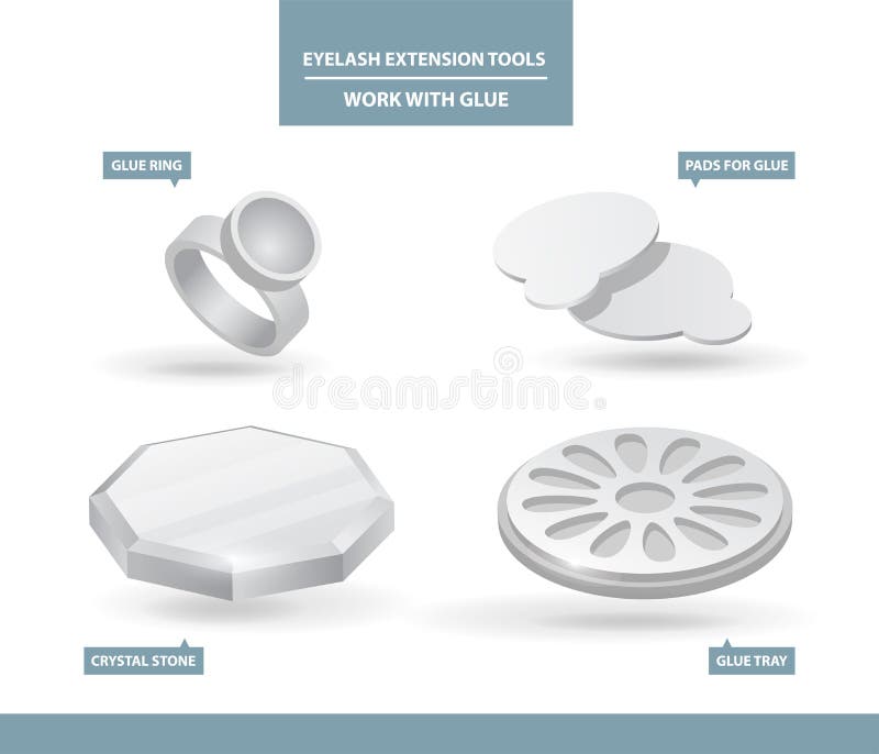 Eyelash Extension Application Tools and Supplies. Glue Ring, Pads, Tray and Cristal Stone. Work with Glue. Tools for Makeup stock illustration