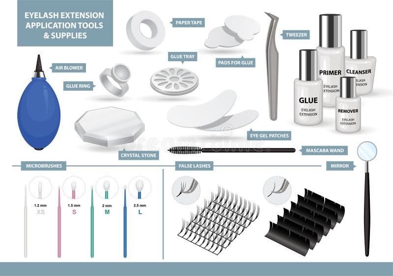 Eyelash Extension Application Tools and Supplies Set. Products for Makeup and Cosmetic Procedures in Beauty Salon royalty free illustration