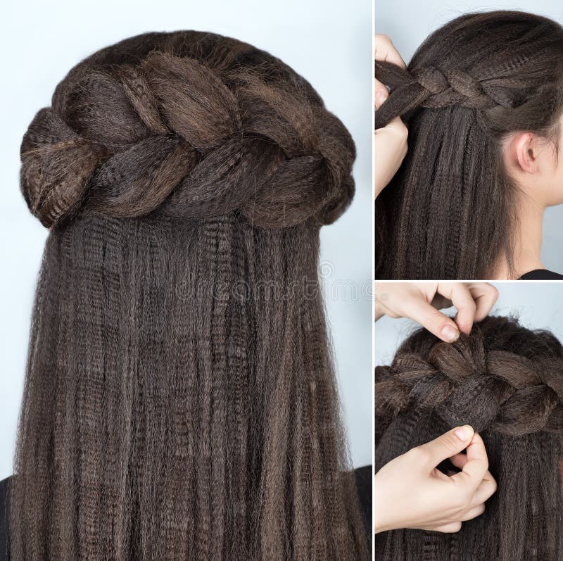Fashionable half-up braid hairstyle tutorial. Process of weaving braid. Hairstyle for long hair. Boho style. Half-up hairstyle volume braided crown tutorial step royalty free stock image