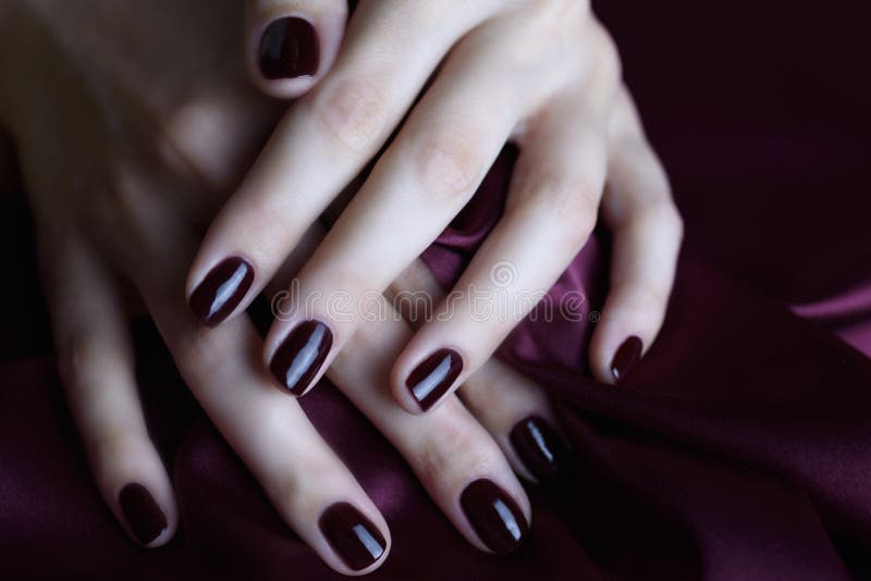 Manicure with burgundy nails on burgundy background royalty free stock photo