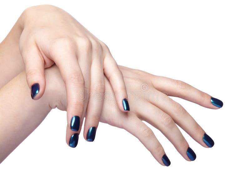 Female hands with blue shiny nails manicure royalty free stock photos