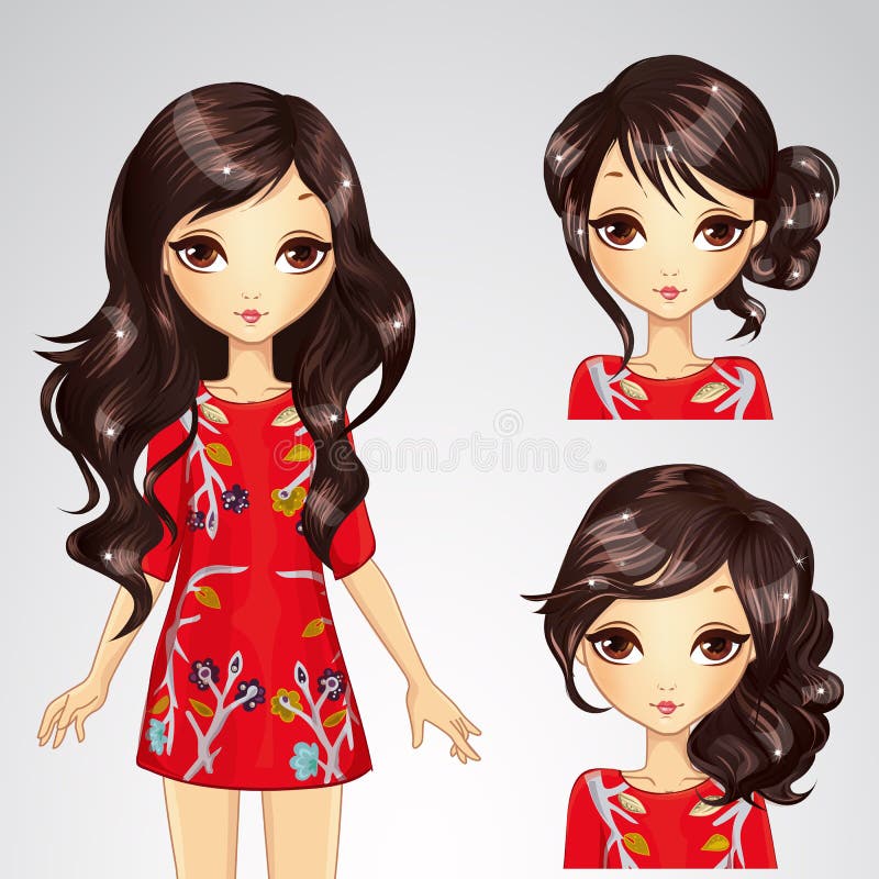 Girl In Red Dress And Collection Of Hairstyle stock illustration