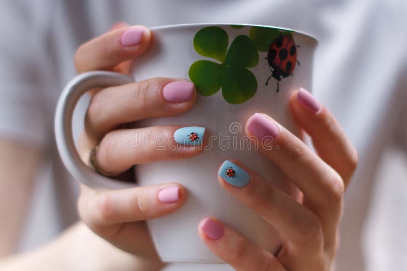 Girlish manicure with volumetric ladybugs on pink and blue fingernails. Female hands holding a cup with lady-bird and clover leaf stock images