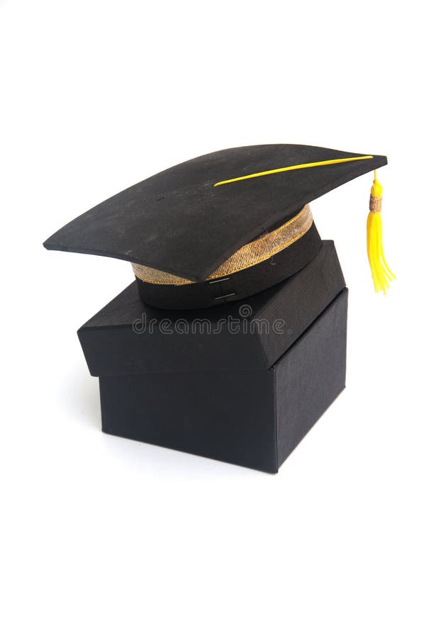 Graduation. Square academic hat with black box. On white royalty free stock images