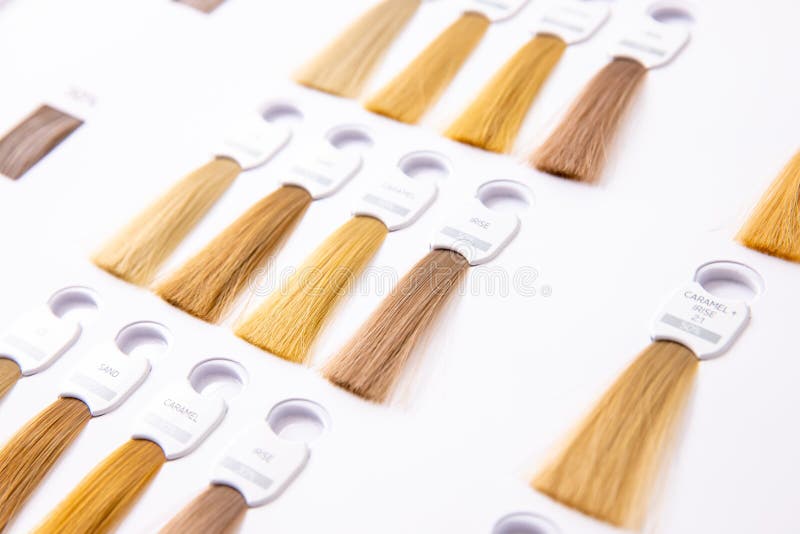 Hair palette dyed different colors. Hairstyle wig tints set for beauty industry stock photography