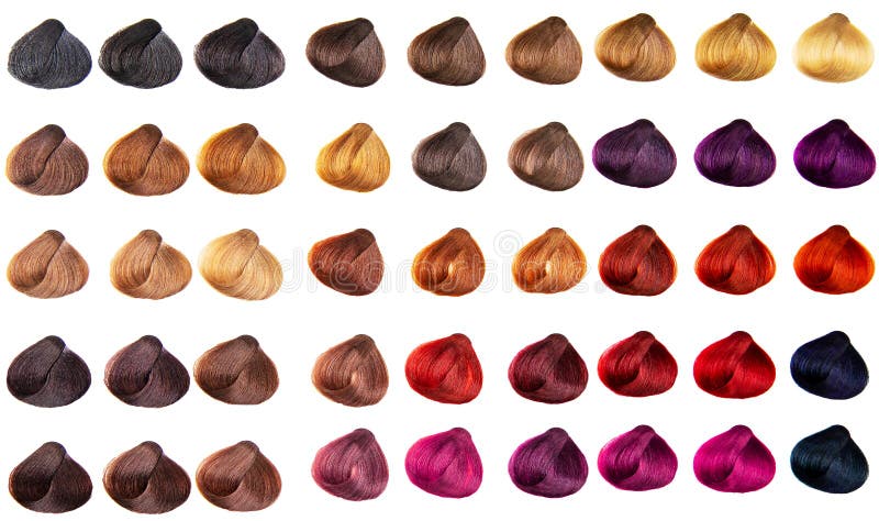Hair palette dyed different colors. Hairstyle wig tints set for beauty industry. Isolated background royalty free stock photos