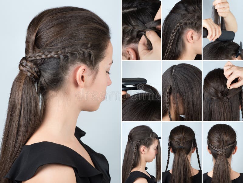 Hairstyle ponytail with plait tutorial. Volume hairstyle ponytail with plait tutorial. Hairstyle for long hair. Hairstyle tutorial royalty free stock photo