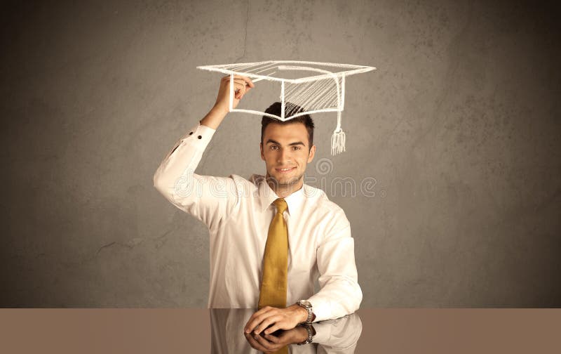 Happy college graduate drawing academic hat royalty free stock photo