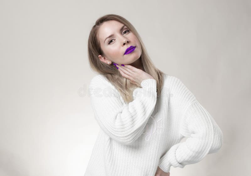 High Fashion model woman with colorful bright lips in studio, portrait of beautiful sexy girl with trendy make-up and stock image