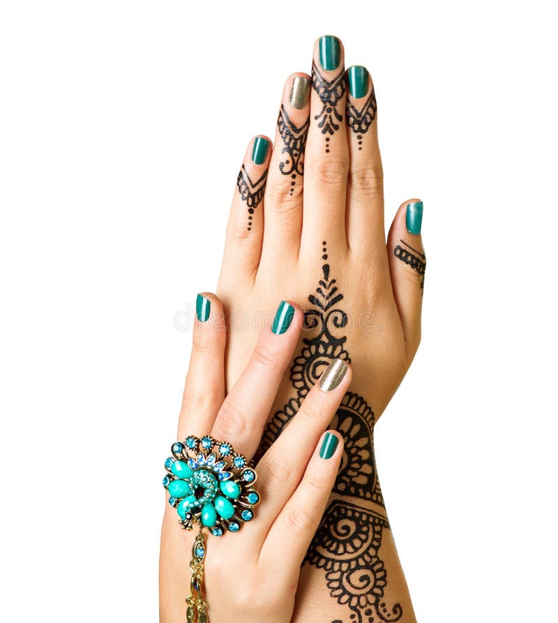 Mehndi tattoo isolated on white. Woman Hands with black henna tattoo royalty free stock photography