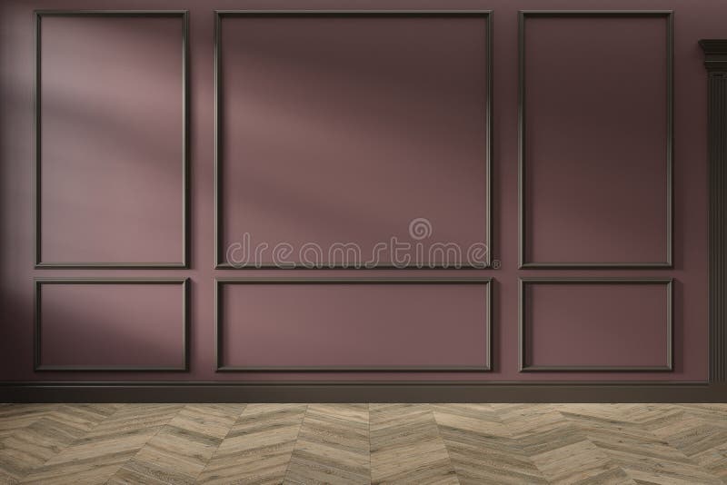 Modern classic red, marsala, burgundy color empty interior with wall panels, mouldings and wooden floor. stock image