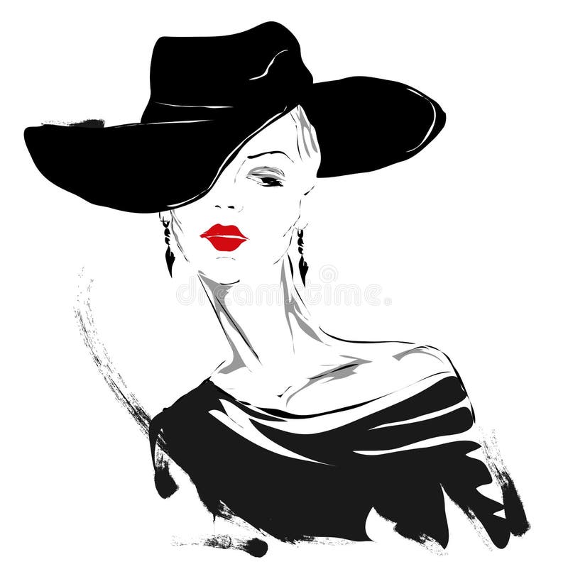 Modern girl, sketch, red lips, white background, fashionable hairstyle. Hat stock illustration