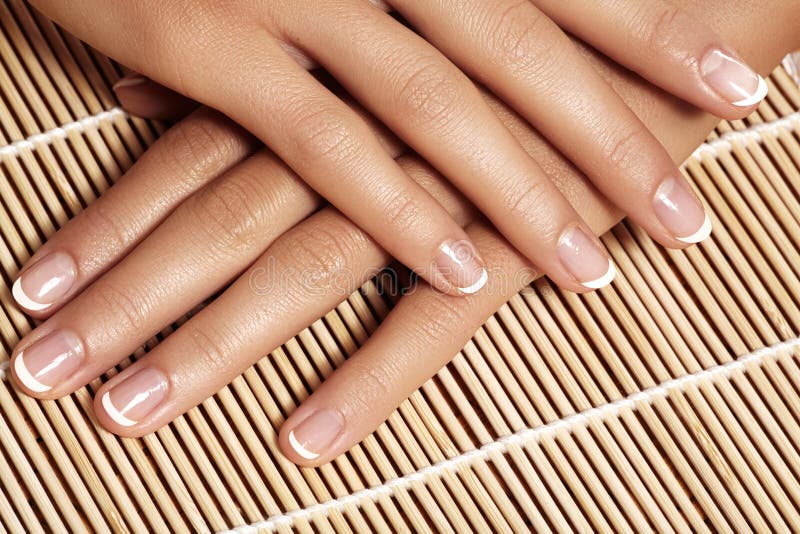 Nails with perfect french manicure. Care for female hands. stock photo