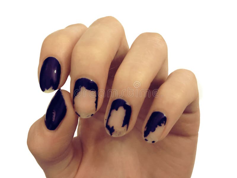 Old dark blue manicure. Shabby nail polish. Woman hands on white table. Spa. stock photos