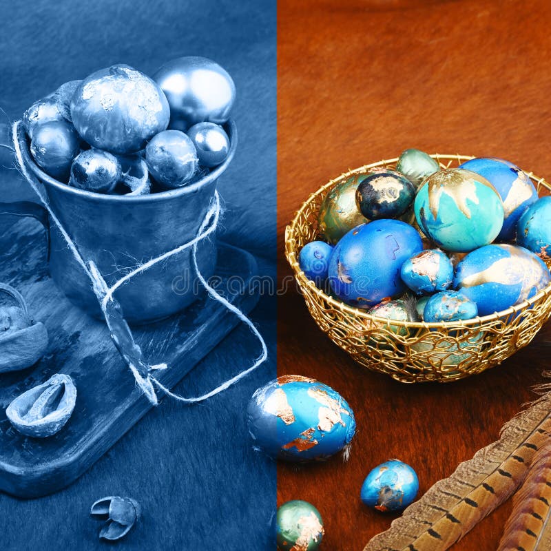 Decorated Eggs For Easter. Coloring page for the color of 2020. Painted colored Easter eggs in golden bowl and copper mug on red animal skin. Boho stile royalty free stock image